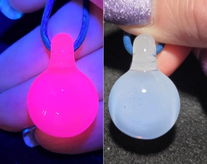Glass Pendant,  Blue Ice Snowball UV Reactive Glow Glass Necklace for Winter.  Cute Ice Blue Jewelry with FREE UV Reactive Keychain.
