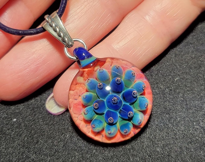 Blown Glass Pendant with Sterling Silver. Handmade Lampwork Blue Borosilicate Implosion Choker. Lotus Flower Choker. Trippy Pendant