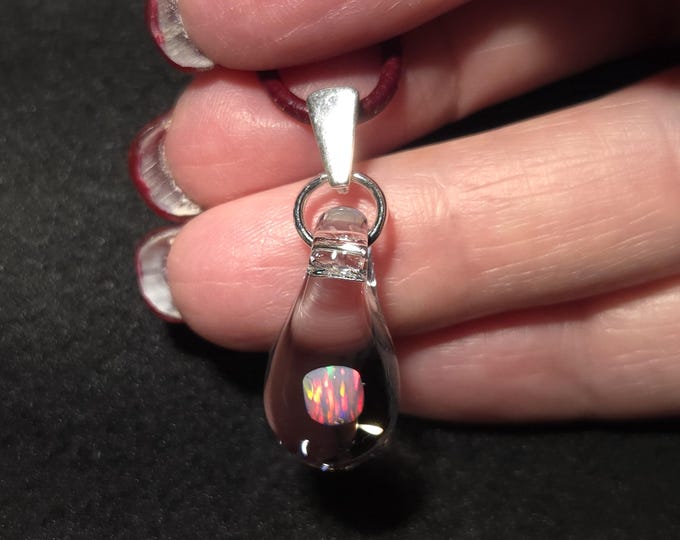 Gilson Opal Teardrop Necklace • Hand Blown Glass Pendant • Sterling Silver Bail • Mermaid Tears Opal in Borosilicate • Dainty Opal Dangle.