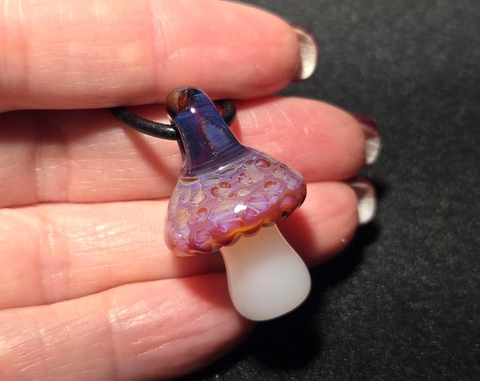 Magic Mushroom Pendant, Hand Blown Art Glass Necklace in Pink and Purple Borosilicate.  Whimsical Jewelry Gift for Nature Enthusiast!