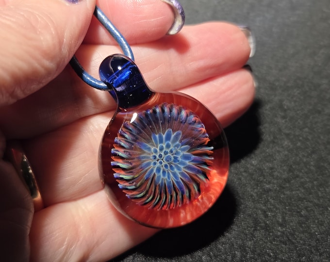 Cosmic Spiral Vortex Glass Pendant, Trippy Blue and Red Optical Illusion Necklace, Heady Lampwork Glass Jewelry
