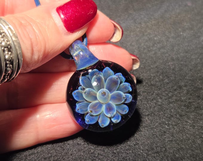 Heady Glass Flower Pendant, Blue Lotus Necklace, Borosilicate Implosion, Hand Blown Glass Jewelry.  Makes a Great Best Friend Gift.