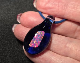 Pink Gilson Opal and Sparkly Cobalt Blue Teardrop Dangle Necklace, Mermaid Tears Design encased in borosilicate glass