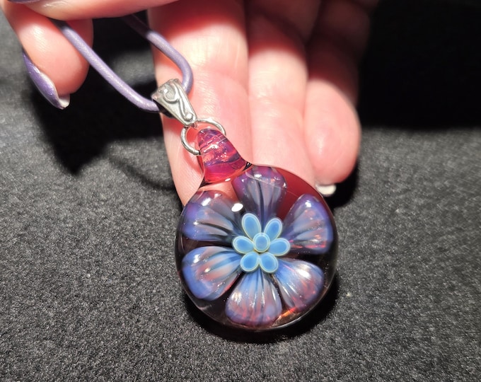 Handmade Blown Glass Jewelry, Boro Implosion Necklace in Borosilicate Glass!  Groovy Flower Glass Pendant With Sterling Silver Bail.