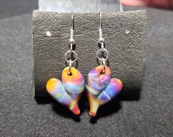 Multi color heart earrings, handmade, hand blown glass, light weight hearts made with borosilicate glass and sterling silver