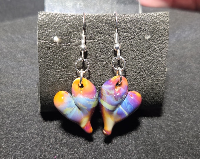 Multi color heart earrings, handmade, hand blown glass, light weight hearts made with borosilicate glass and sterling silver