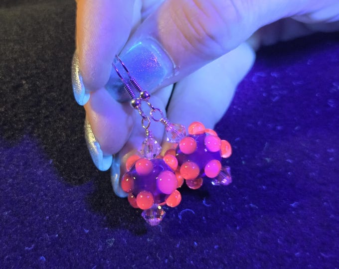 UV Reactive, Purple, Pink Boro Glow Glass, Dangle Earrings gift for Her.  Handmade Lampwork Boro Bead Dangle Earrings with Sterling silver.