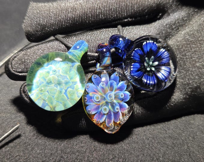 3 Blown glass pendant necklace bundle of handmade borosilicate implosions.  Heady glass jewelry in sparkly colors.  Multi color pendants.