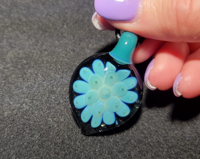 Turquoise Glass Flower Pendant, Handmade Borosilicate Floral Implosion Necklace, Heady Lampwork Art Glass Jewelry