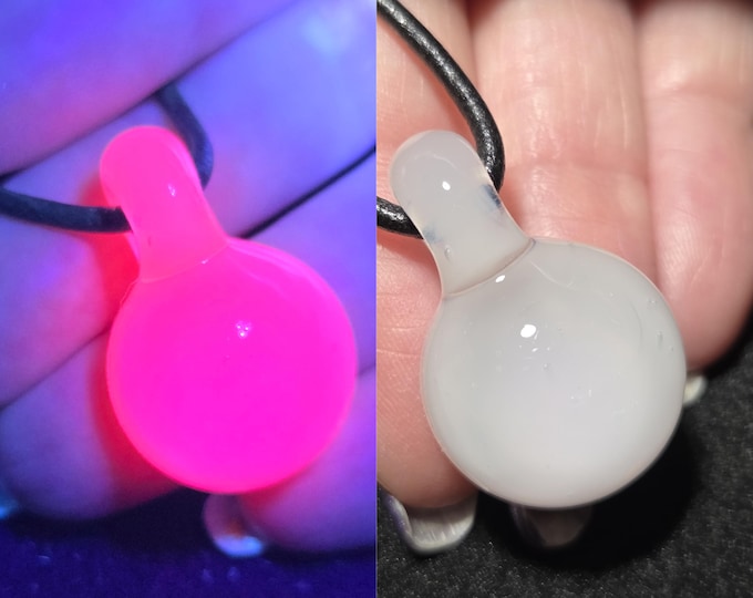 Glass Pendant,  White Snowball UV reactive glow glass necklace for Winter.  Cute white jewelry with FREE UV reactive keychain.