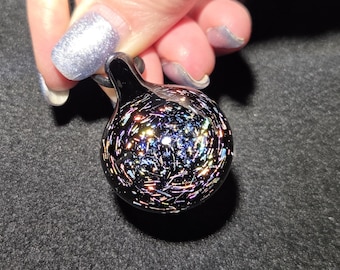 Rainbow Dichroic Cabochon Necklace, Black Heady Glass Pendant with Multicolor Sparkle, Handmade Lampwork Dicro