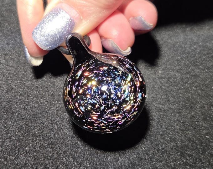 Rainbow Dichroic Cabochon Necklace, Black Heady Glass Pendant with Multicolor Sparkle, Handmade Lampwork Dicro