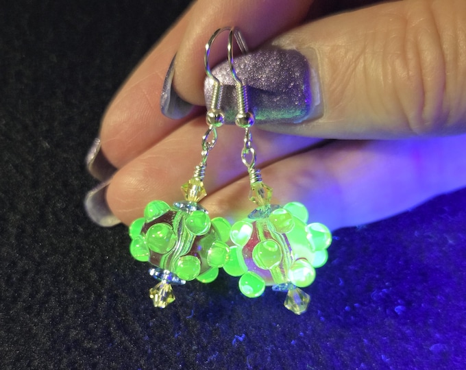 UV Reactive green, Boro Glow Glass, Long Dangle Earring gift for Her.  Handmade Lampwork Beads color changing in UV black light.