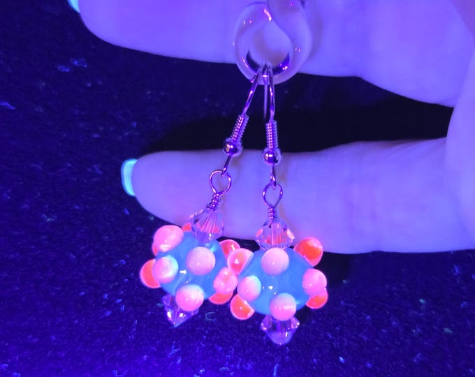 UV Reactive Glass Earrings, Blue to Neon Pink and Turquoise Color Changing Borosilicate Lampwork Dangles, Handmade EDM Festival Jewelry