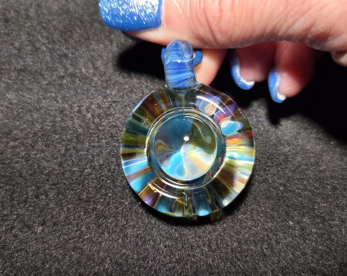 Borosilicate pendant, Handmade blown glass radial implosion design!  Large trippy pendant for men