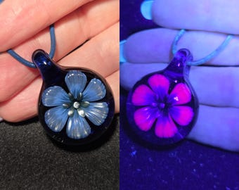 Heady Glass Flower Pendant. Color Changing UV Reactive Borosilicate Jewelry.  Hand Blown Art Glass Necklace.