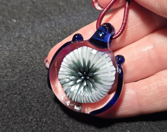 Cosmic Spiral Vortex Glass Pendant, Trippy Blue and white Optical Illusion Necklace, Hand Blown Heady Lampwork Glass Jewelry