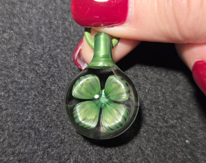 4-Leaf Clover Green Glass Flower Pendant for Saint Patrick's Day.  Hand Blown Necklace with Heady Floral Implosion in Borosilicate!