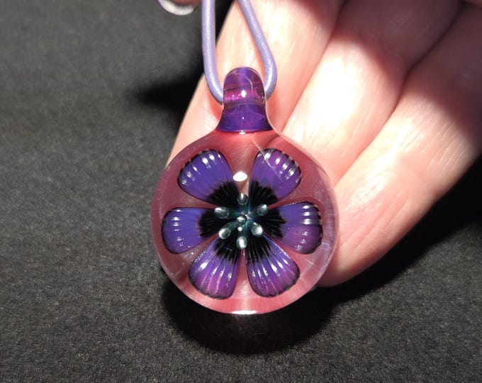 Handmade art glass necklace, Hand Blown purple boro implosion flower pendant in Borosilicate!  Heady Glass Flower Jewelry