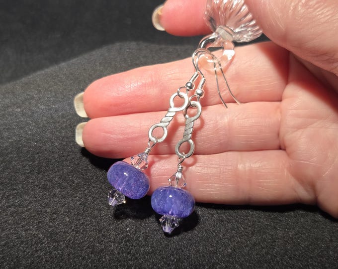 Handmade lampwork bead earrings- my Boro blown glass Lavender frit beads with sterling silver and Austrian crystals. Blown glass Jewelry.