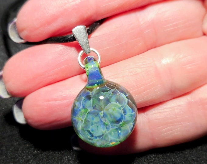 Blown Glass choker necklace, Hand blown sparkly borosilicate frit Implosion pendant in greens and blues with a sterling silver bail!