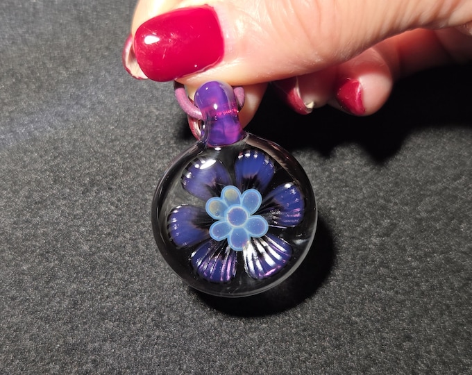 Purple Glass Flower Implosion Pendant, Pale Blue Stamen, Handmade Lampwork Borosilicate Necklace, Heady Art Glass Jewelry