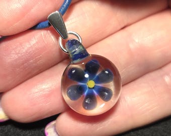 Small flower choker pendant, hand blown glass borosilicate floral necklace with sterling silver and round Greek leather.