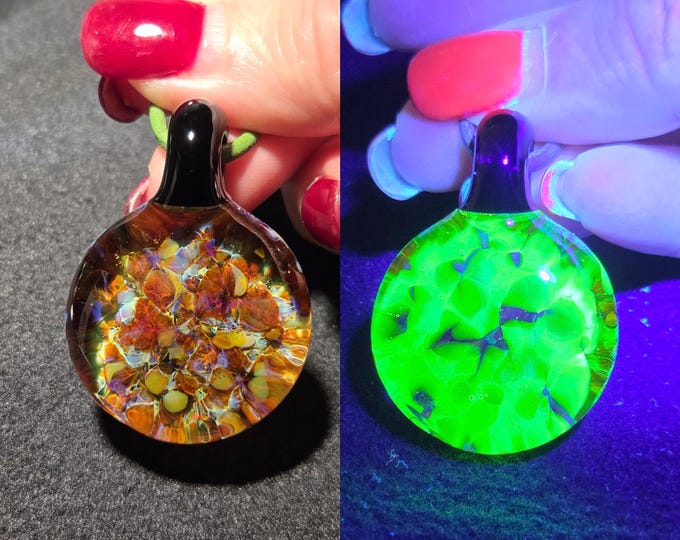 Hand Blown Glass Pendant. UV Reactive Borosilicate Choker Necklace with Radiant Glow Glass.  Heady Blown Glass Jewelry. Free UV keychain.