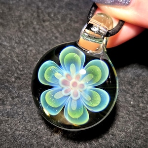 Handmade Blown Glass Implosion Necklace in Borosilicate Glass!  Groovy Flower Power Glass Pendant, Hand Blown Glass Flower Jewelry