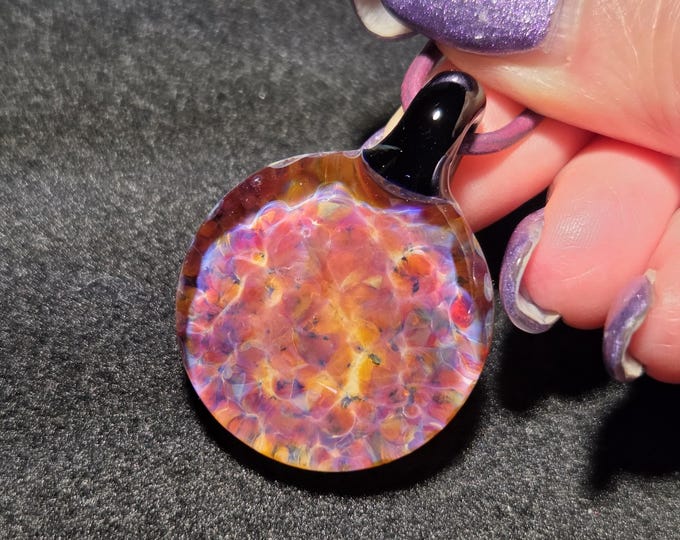 Borosilicate Implosion pendant, Hand blown glass frit Implosion necklace makes a great unisex gift for glass lovers.  Blown glass jewelry.