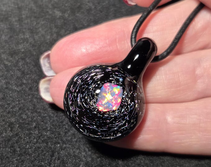 Sparkly Black Dichroic Glass Pendant with Gilson Opal Handmade Lampwork Heady Borosilicate Galaxy Jewelry Gift