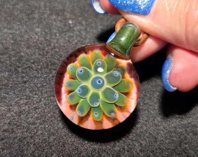 Green Lotus Glass Flower Pendant with Orange Background, Hand Blown Borosilicate Implosion Necklace, Heady Glass Jewelry