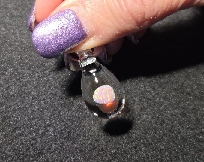 White Gilson opal necklace with opal nugget encased in borosilicate.  I call this opal teardrop dangle pendant design “Mermaid’s tears”.