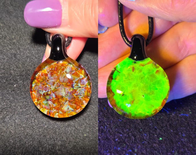 Hand Blown Glass Pendant. UV Reactive Borosilicate Choker Necklace with Radiant Glow Glass.  Heady Blown Glass Jewelry. Free UV keychain.
