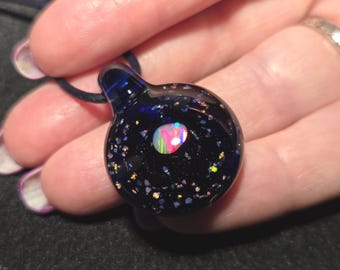 Sparkly Crushed Opal Glass Pendant with Gilson Opal Nugget, Handmade Lampwork Heady Glass Pendant in Cobalt Blue
