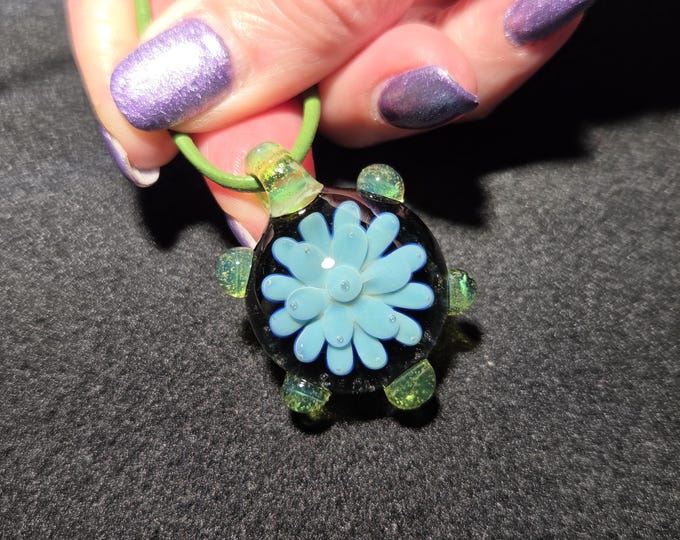 Hand Blown Glass Jewelry.  Heady Boro Implosion Pendant Necklace with Black Base and Turquoise Flower Design in Borosilicate Glass!