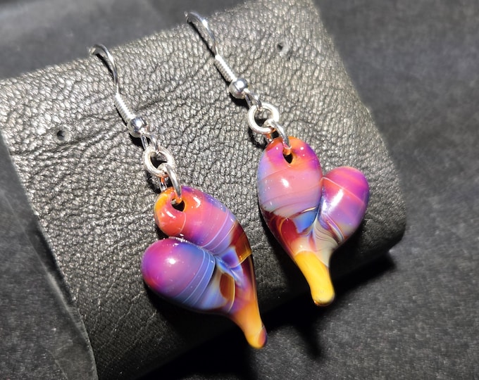 Multicolor heart earrings, lightweight handmade blown glass hearts made with borosilicate and sterling silver