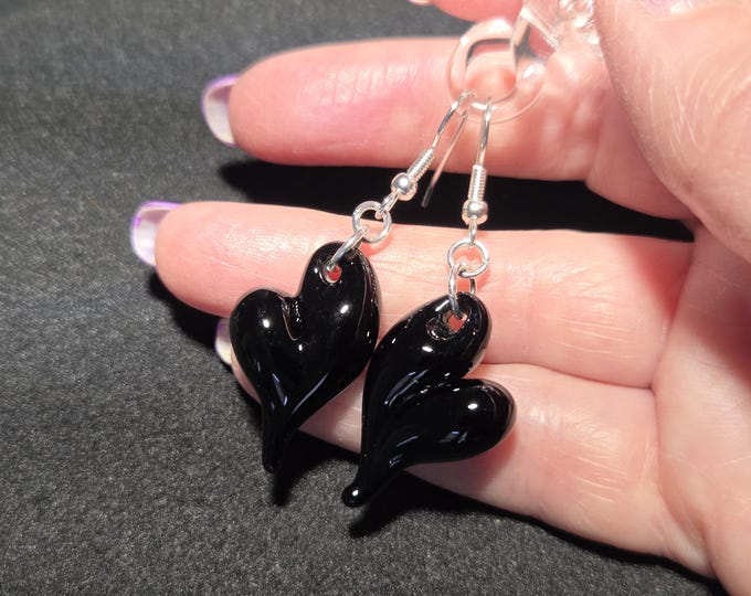 Blown Glass Black Heart Earrings: Black Heart Dangles