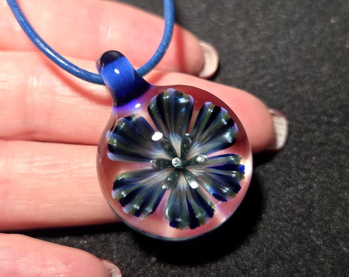 Handmade art glass necklace, Hand Blown blue boro implosion flower pendant in Borosilicate!  Heady Glass Flower Jewelry