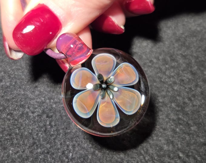 Orange Glass Flower Pendant, Fantasy Floral Implosion, Silver Blue Stamen, Pink Bail, Handmade Lampwork Heady Necklace