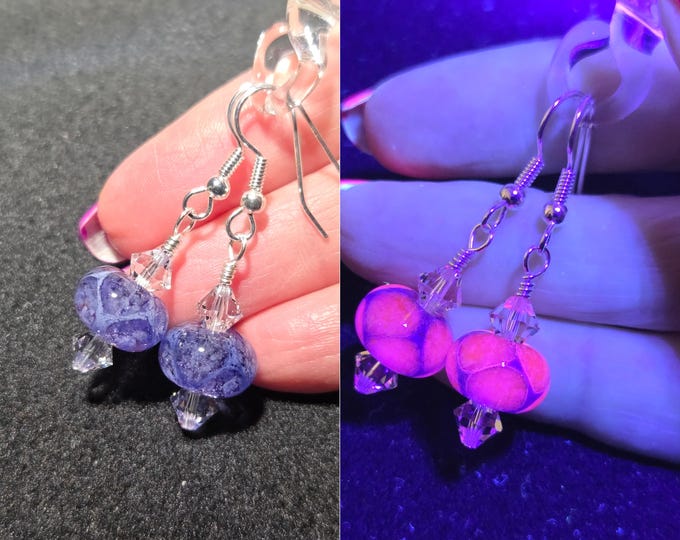 Purple Boro Glass Earrings, UV Reactive,Handmade Borosilicate Lampwork Dangles, Black Light Jewelry, Festival Rave Scene Accessory