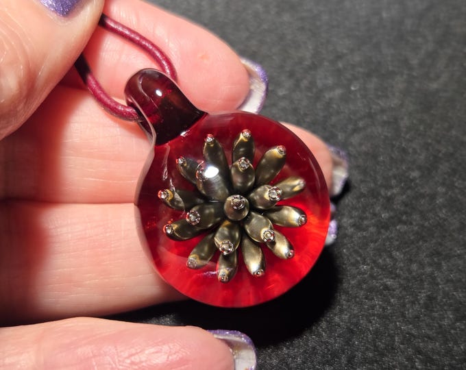 Heady glass pendant necklace, hand blown art glass jewelry, Borosilicate glass gift for a friend in cherry red with bronze/platinum sparkle.