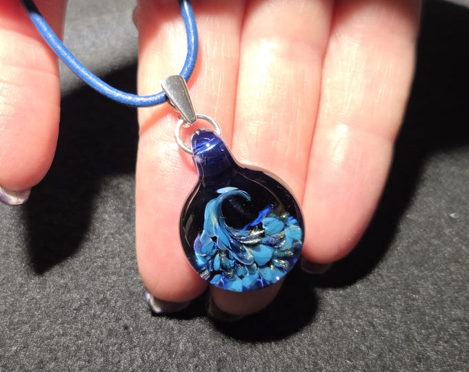 Small hand blown borosilicate glass pendant, Dainty Ocean Wave implosion choker pendant with sterling silver bail!  Boro frit design.