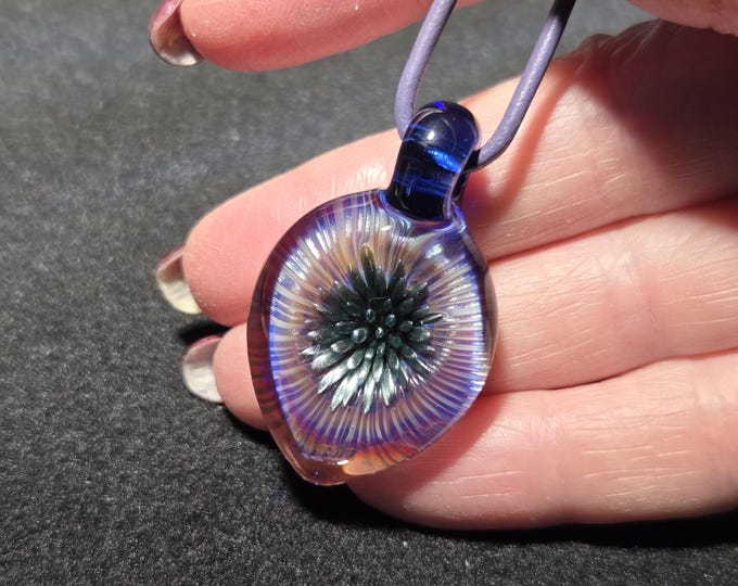 Cosmic Spiral Vortex Glass Pendant, Trippy Blue metallic Optical Illusion Necklace, Heady Lampwork Glass Jewelry