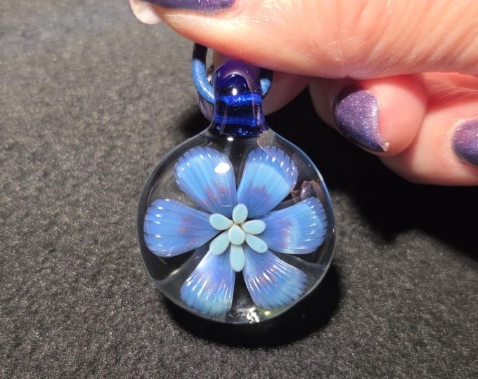 Handmade Blown Glass Flower Pendant Necklace, Blue tiger lily floral pendant, Flamework Implosion Jewelry