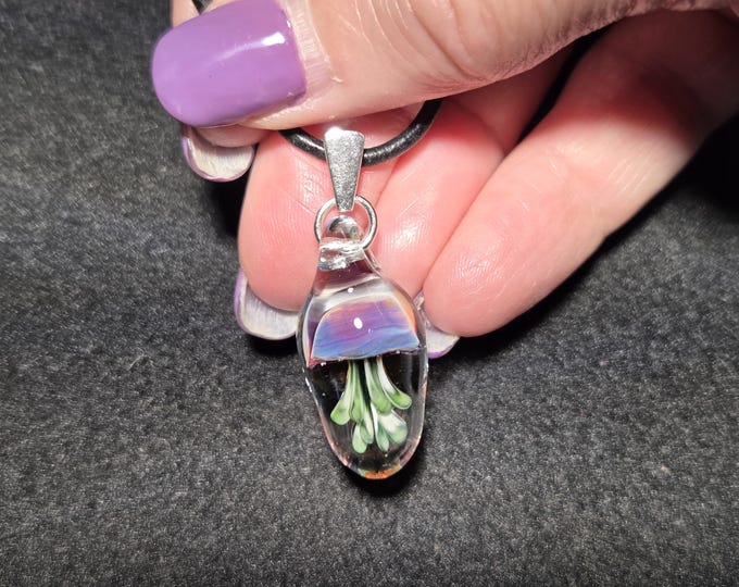 Hand blown glass jellyfish pendant, handmade borosilicate dainty jellyfish necklace with sterling silver bail.  Under the sea jewelry.