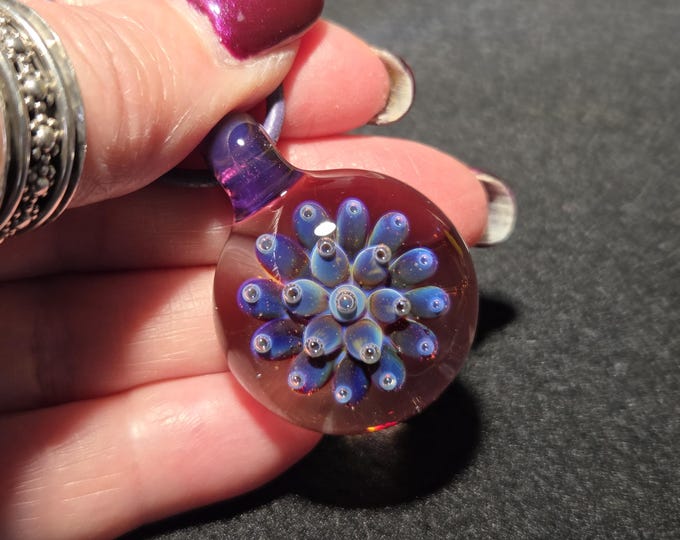 Purple glass pendant, hand blown, purple flower Implosion design in borosilicate. Perfect heady glass pendant gift.