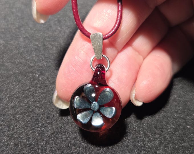 Handmade glass flower pendant, small hand blown glass floral implosion borosilicate choker on round leather with sterling silver.