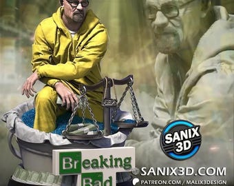 May include: A detailed figurine of a character from the TV show Breaking Bad, wearing a yellow jumpsuit and glasses, seated in a tub of blue crystals. A scale with the words "Better Call Saul" hangs nearby. The base features the show's logo and the text "SANIX3D.COM".