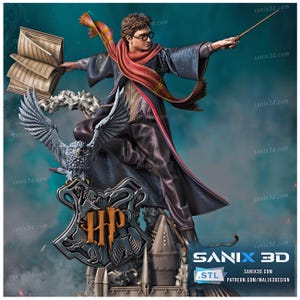 May include: A detailed figurine of a young wizard with glasses, holding a wand and a book. He wears a scarf and a long coat. An owl and the Hogwarts crest are at the base. The figurine is a 3D model.